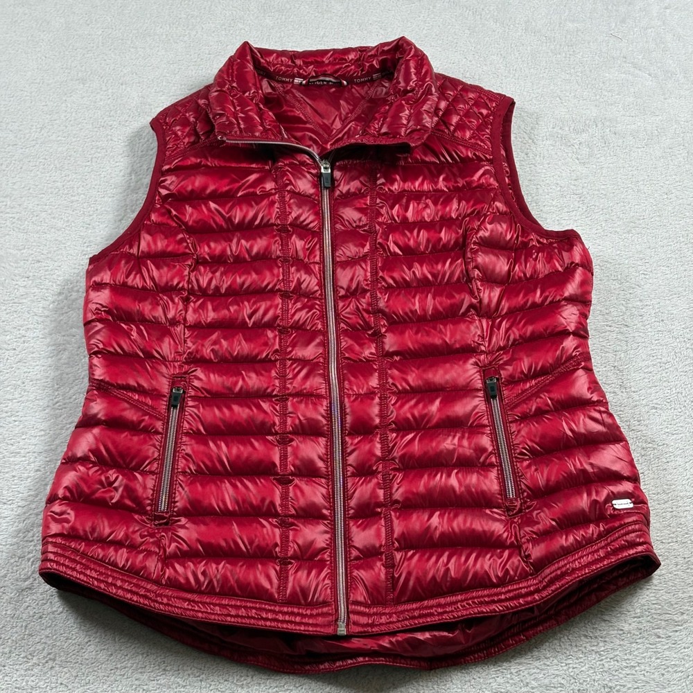 Tommy Hilfiger Sport Womens Red Shiny Puffer Vest Quilted Down Fill Large